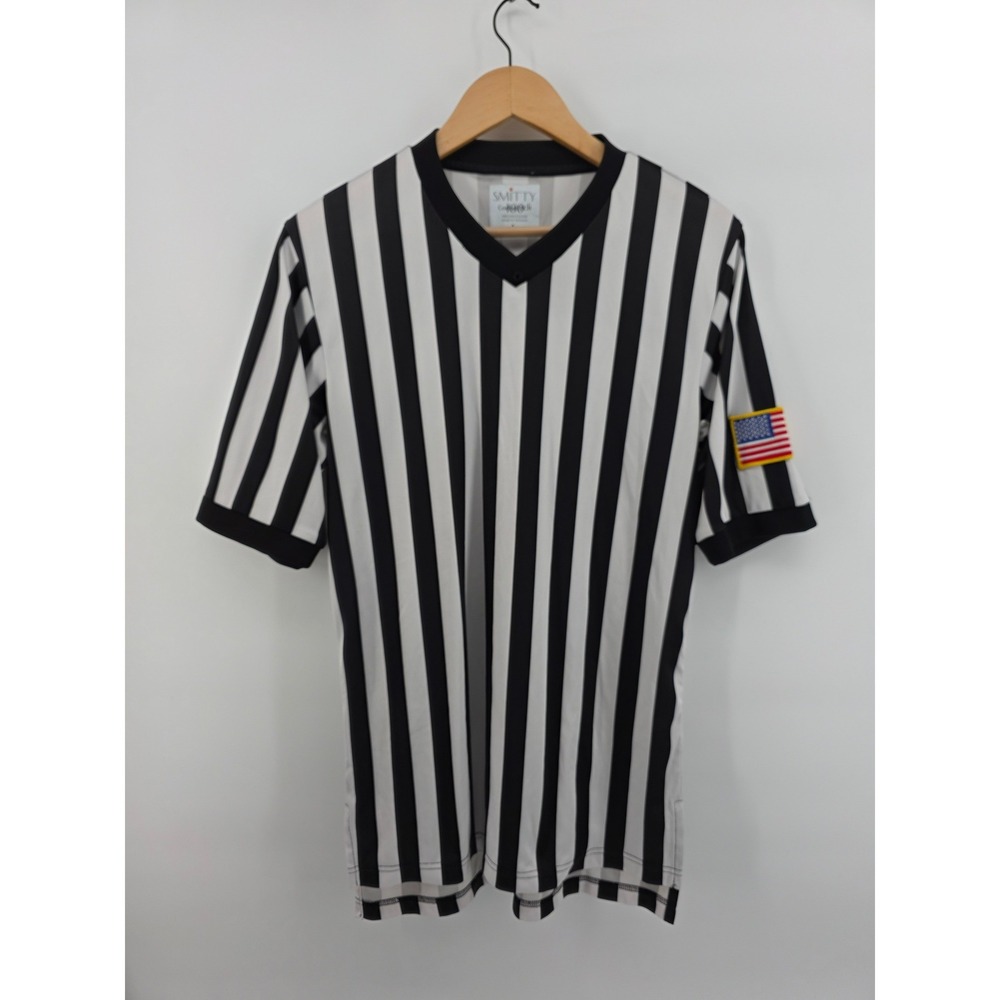 Smitty ComfortTech Referee Shirt Mens Large Black White Stripe USA Flag Patch